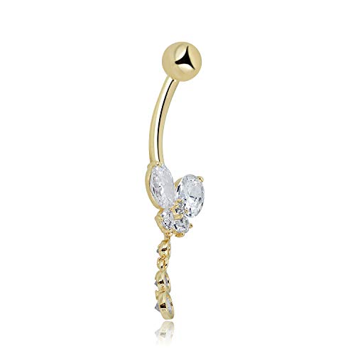 AVORA 10K Gold Simulated Diamond CZ Dangling Butterfly Belly Button Ring Body Jewelry (14 Gauge) - color: Yellow Gold