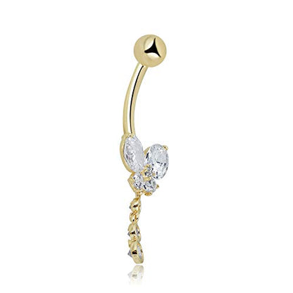 AVORA 10K Gold Simulated Diamond CZ Dangling Butterfly Belly Button Ring Body Jewelry (14 Gauge) - color: Yellow Gold