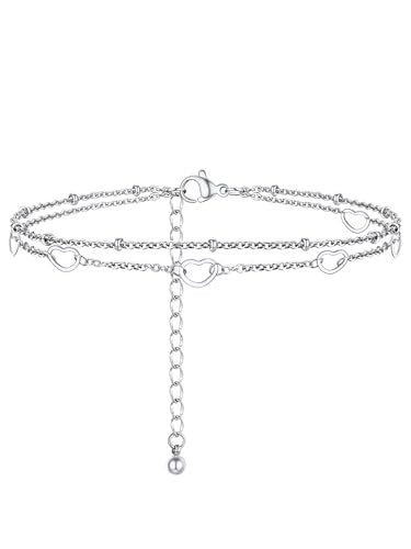 PROSTEEL Ankle Bracelets for Women, Silver/Gold/Black, Waterproof Anklets | Waterproof, Stainless Steel, Summer Beach Jewelry, Durable & No Tarnish, Come with Gift Box, 8-10.5" Adjustable, Plus Size - color: I: Silver-6 Heart Layered