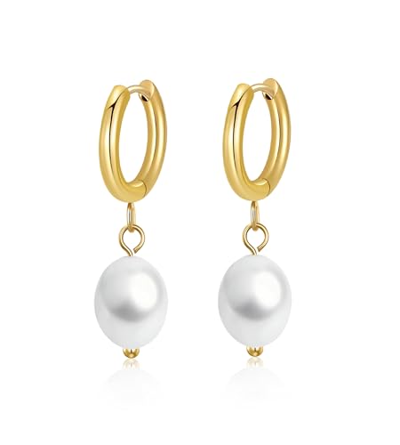 G23 Titanium Pearl Gold Drop Dangle Small Huggie Hoop Earrings for Women | F136 Implant Grade Pure Titanium for Sensitive Ears，Waterproof and Non Tarnish (A-14K Gold Plated) - color: 1A-14K Gold Plated
