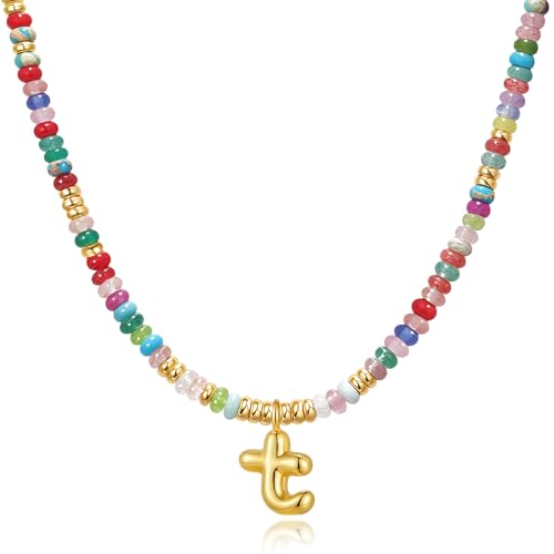 YOUFENG Initial Letter Necklaces for Women Colorful Beaded Gemstone Choker 14K Gold Plated Bubble Letter Pendant Necklace Natural Stone Handmade Jewelry Gift - color: T