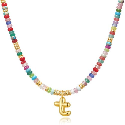YOUFENG Initial Letter Necklaces for Women Colorful Beaded Gemstone Choker 14K Gold Plated Bubble Letter Pendant Necklace Natural Stone Handmade Jewelry Gift - color: T