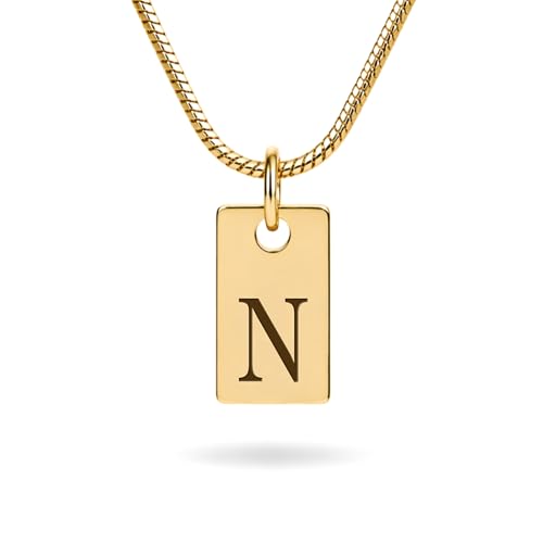 Initial Necklace in 18K Gold Plated, Personalized Engraved Letter Pendant, Gold Snake Chain, 6×10 mm Rectangle Charm for Women - color: N