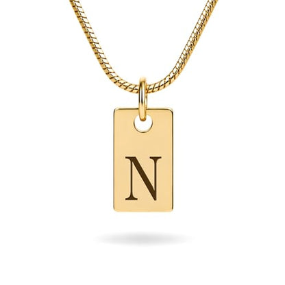 Initial Necklace in 18K Gold Plated, Personalized Engraved Letter Pendant, Gold Snake Chain, 6×10 mm Rectangle Charm for Women - color: N