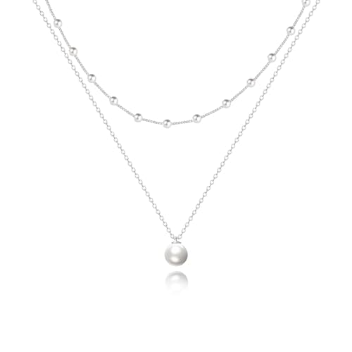Zeffy Gold Pearl Necklace for Women, Dainty 14K Gold/Silve Plated Layered Pearl Choker Pearl Earrings Pearl Bracelets Wedding Trendy Gold Jewelry Set for Women Gifts - style: Silver Pearl Necklace-2PCS