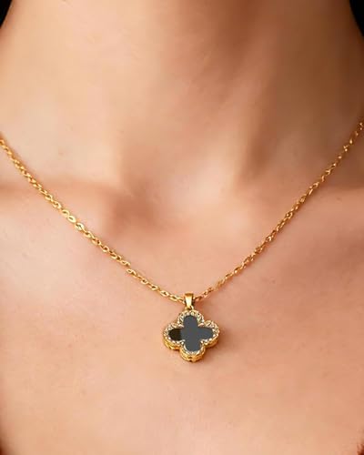 Four Leaf Clover Necklace 18K Gold Plated Necklaces for Women Lucky Flower Pendant Adjustable Link Chain Stainless Steel Dainty Trendy Simple Jewelry Gifts for Women - color: 1G-White+Black