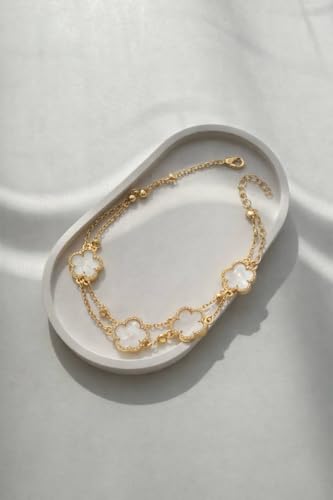Gold-Tone Double Layer Clover Charm ankle Bracelet, black stone, Adjustable - color: White And Gold
