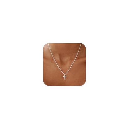 Initial Necklaces for Women - 14K Gold Silver Plated Letter Necklace Name Personalized Dainty Fashion Chain Non Tarnish Single Cute Pendant Necklace Charm Jewelry Gift for Women Her - color: Silver, style: T