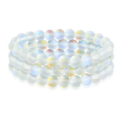 Bling Jewelry Unisex Stackable Set Of 3 Gemstone Round Bead 8MM Stretch Bracelet For Women Teen Men Multi Strand Stacking Adjustable - color: Created Moonstone