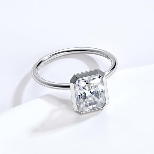 Radiant Cut Moissanite Engagement Ring for Women, Bezel Set Solitaire Ring | D Color VVS1 925 Sterling Silver 14K Gold Plated Wedding Ring, Available in 2CT 3CT 5CT, Diamond Alternative Promise Jewelry - style: 01 - White Gold - 3CT Radiant Moissanite