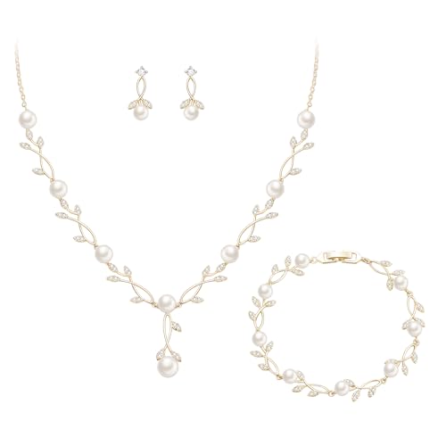 Crysdue Wedding Jewelry Set for Brides Bridesmaid, Cubic Zirconia Teardrop Marquise Leaf Cluster Pendant Necklace Bridal Tennis Bracelet Drop Earrings for Women Party Prom - style: B- Pearl set- gold
