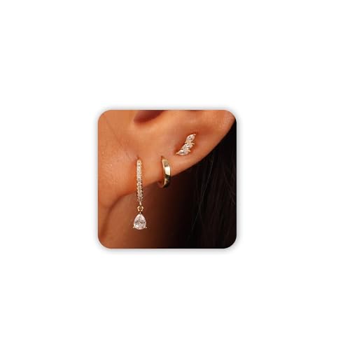 Freekiss 3 Pairs Hoop Earrings Set - Dainty Stud Dangle Cartilage for Women | Hypoallergenic Earrings, Cubic Zirconia Stackable Trendy Small Set Jewelry Gifts for Women - style: 3CZ Teardrop Set-gd