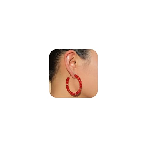 Wellike Beaded Hoop Earrings for Women Natural Stone Pink Gold Huggie Earrings Hypoallergenic Dainty Waterproof Trendy Jewelry - color: Red, size: 50mm