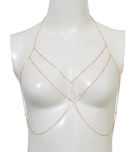 Gold Chain Belt - Fashion Waist Chain Belt with Moon, Butterfly Rhinestone & Layered Design - color: B1 -1pcs bra chain- gold