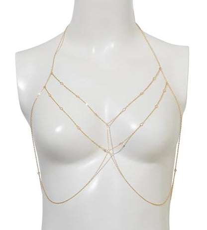 Gold Chain Belt - Fashion Waist Chain Belt with Moon, Butterfly Rhinestone & Layered Design - color: B1 -1pcs bra chain- gold
