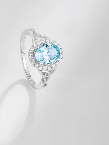 2-3 Carat Oval Engagement Ring 925 Silver Celtic Knot Birthstone Rings for Women Hypoallergenic Amehtyst/Aquamarine/Emerald/Ruby/Sapphire Cocktail Rings Jewelry Size 6-10 - color: B. Aquamarine