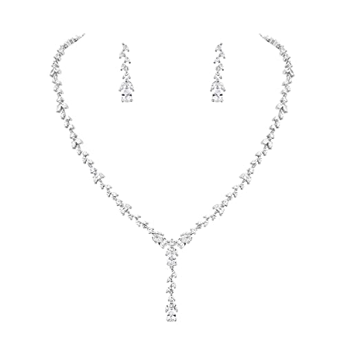 Bridal Wedding Jewelry CZ Set Marquise Teardrop Cubic Zirconia Pendant Necklace and Dangle Earring Bracelet Sets for Women - color: White Gold - 01