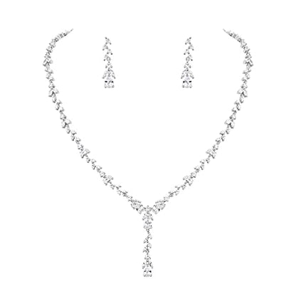 Bridal Wedding Jewelry CZ Set Marquise Teardrop Cubic Zirconia Pendant Necklace and Dangle Earring Bracelet Sets for Women - color: White Gold - 01