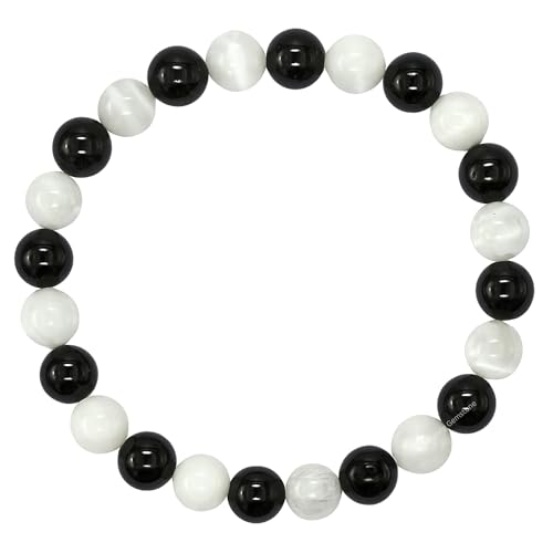 Amazing Gemstone Black Tourmaline Selenite Crystal Bracelet for Women Men's Gifts - Protection Healing Crystal Bracelet - 8mm Gemstone Beaded Stretchable Bracelet Pulseras Para Hombres Mujer Stocking Stuffers Mothers Day Gift - color: Black Tourmaline Sel