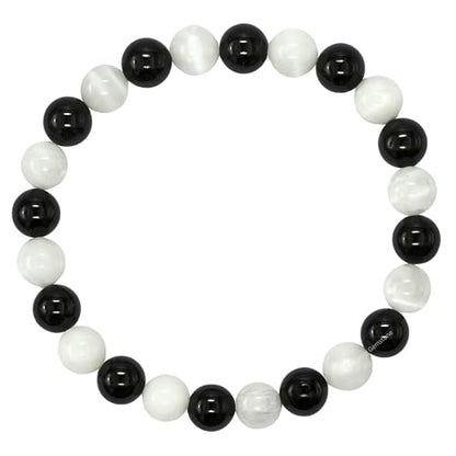 Amazing Gemstone Black Tourmaline Selenite Crystal Bracelet for Women Men's Gifts - Protection Healing Crystal Bracelet - 8mm Gemstone Beaded Stretchable Bracelet Pulseras Para Hombres Mujer Stocking Stuffers Mothers Day Gift - color: Black Tourmaline Sel
