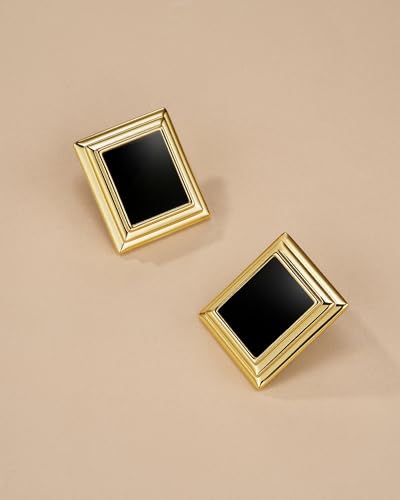 18K Gold Plated Burgundy Maroon Black Large Chunky Thin Ribbed Chamfered Square Geometric Dangle Stud Statement Earrings for Women by SNGIA , Big Tropical Button Bohemian Handmade Trendy Baroque Enamel Vacation Summer Chandelier Drop Jewelry Gifts, Rectan