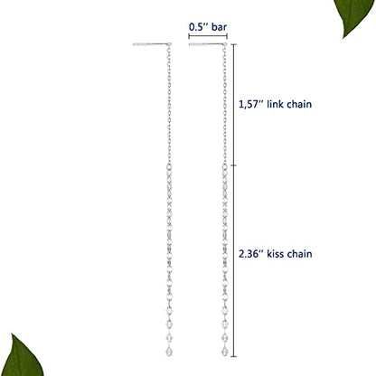 Long Chain Drop Earrings for Women, 925 Sterling Silver, Dainty Dangling Elegant Earrings for Daily Wear, Gift for Her - color: 4.4" Kiss Chain Silver