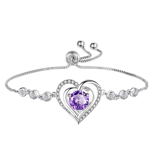 14K White Gold Plated Heart Bracelet for Women, Zircon Inlay Love Heart Charm Chain Bracelet Bangle with Adjustable Length - color: silver-purple