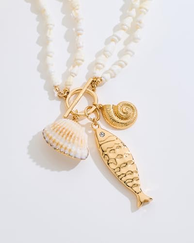 Chunky Gold Fish Pendant Necklace For Women Long Silk Scarf Turquoise Strand Necklace With Fish Pendants Boho Beach Shell Statement Necklaces - style: Shell Strand