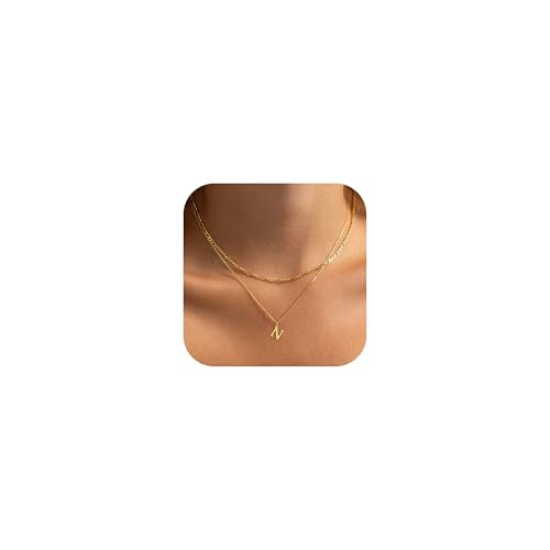 Initial Necklaces for Women Dainty Gold Silver Layered Letter Pendant Necklace Cute Figaro Chain Choker Necklace Personalized Trendy Stuff Jewelry Stack Gift for Women Her - color: Gold, style: N