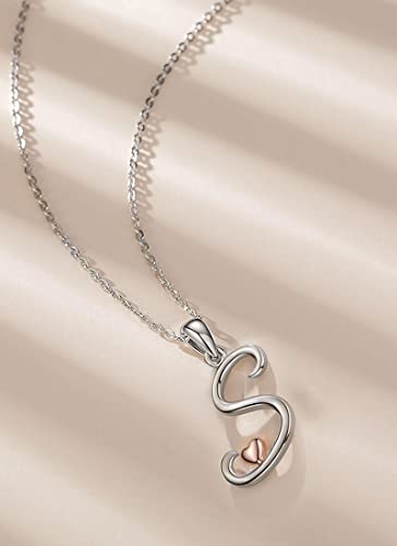 CELESTIA 925 Sterling Silver Initial Necklaces 26 Letter with Rose Gold Heart - 18 Inch Chain - color: S-Initial