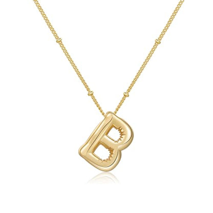Gold Bubble Initial Necklace for Women Balloon Letter Necklace 18K Gold Plated Dainty Alphabet Pendant Puffy Name Personal Necklace - color: B