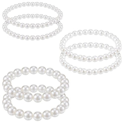 6Pcs Pearl Bracelets for Women, Boho Pearl Bracelet Stack Adjustable Stretch Simulated Pearls Beaded Bracelet for Bridesmaid Bridal Wedding