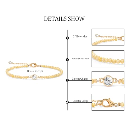Raicegs Anklets for Women Handmade Beach Boho Ankle Bracelet 3mm Natural Stone Beaded Ankle Bracelet 14K Gold Plated Zircon Pendant Adjustable Crystal Gemstone Anklet Jewelry Gift for Her - color: Citrine