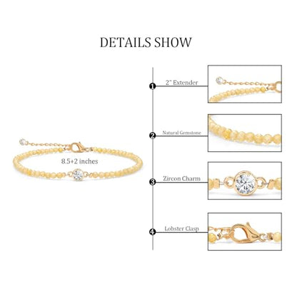 Raicegs Anklets for Women Handmade Beach Boho Ankle Bracelet 3mm Natural Stone Beaded Ankle Bracelet 14K Gold Plated Zircon Pendant Adjustable Crystal Gemstone Anklet Jewelry Gift for Her - color: Citrine