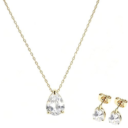 5A Cubic Zirconia Hypoallergenic Necklace and Earrings Set for Women, Dainty Stainless Steel Teardrop Solitaire Jewelry Sets Gift for Her - color: Gold