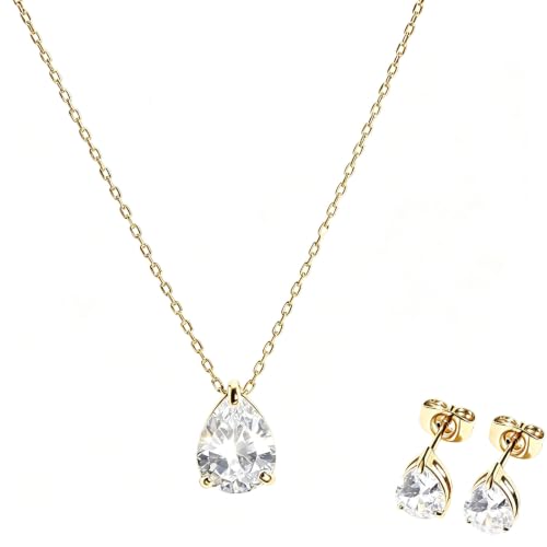 5A Cubic Zirconia Hypoallergenic Necklace and Earrings Set for Women, Dainty Stainless Steel Teardrop Solitaire Jewelry Sets Gift for Her - color: Gold