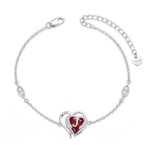 Initial Bracelet for Women 925 Sterling Silver Heart Angel Wings Initial Bracelet Anniversary Birthday Mothers Day Jewelry for Mom Her Wife - color: J