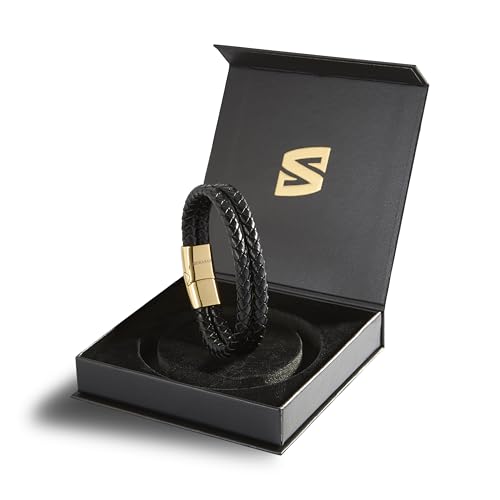 SERASAR Premium Leather Bracelet Men | Stainless Steel Magnetic Clasp | Three Colors | Jewelry Box Included - color: Gold, size: 20cm, style: Double