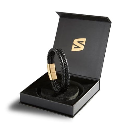 SERASAR Premium Leather Bracelet Men | Stainless Steel Magnetic Clasp | Three Colors | Jewelry Box Included - color: Gold, size: 20cm, style: Double