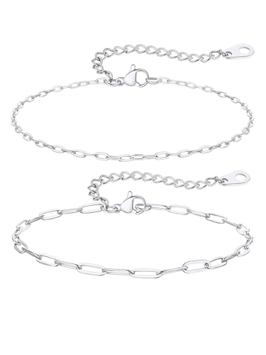 ChainsPro Stainless Steel Waterproof Anklet for Women, Adjustable Non Tarnish Layered Anklets, Trendy Dainty Cuban Link Ankle Bracelet Beach Jewelry Gifts for Swimming & Daily Wear (8.5+2 inches) - style: 2pcs-Style-A-Steel