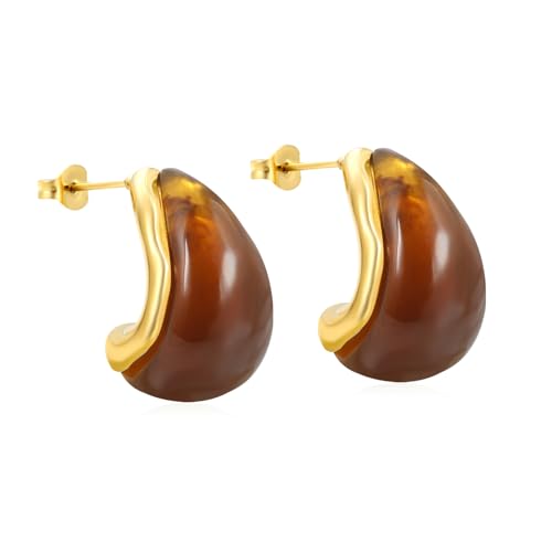 Teardrop Earrings for Women, 14K Gold Plated Chunky Hoop Earrings with Resin Acrylic Translucent Drop, Hypoallergenic Lightweight Hollow Vintage Fashion Jewelry Gifts for Formal Wedding Boho Elegant Style - color: Amber