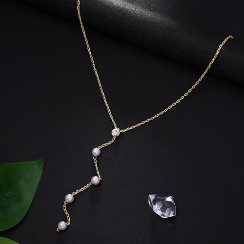 Gold Pearl Choker Necklace for Women, Simple Y Lariat Necklace Non Tarnish Pearl Drop Chain Wedding Jewelry for Bridal