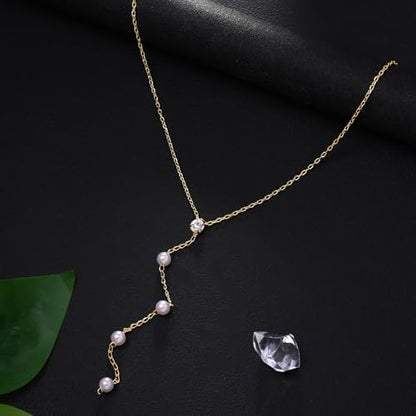 Gold Pearl Choker Necklace for Women, Simple Y Lariat Necklace Non Tarnish Pearl Drop Chain Wedding Jewelry for Bridal