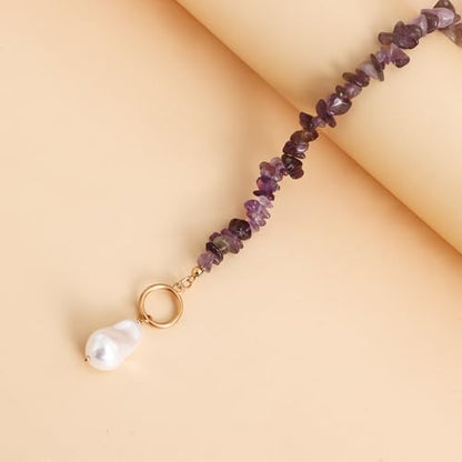 Bohemian Stone Pearl Choker Necklace for Women Dainty Natural Irregular Stone Choker Turquoise Beaded Lariat Necklace Simple Fashion OT Toggle Spiritual Handmade Jewelry - color: Purple