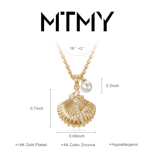 MTMY Gold Starfish Necklace 14K Gold Plated Shell Conch Ocean Pendant Necklace for Women Beach Summer Jewelry - style: pearl seashell