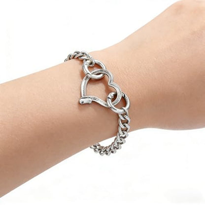 Heart Bracelet for Women, Chunky Silver Chain Clasp Charms Stainless Steel Link Buckle Statement Jewelry Accessories Gifts - color: Silver OO Heart