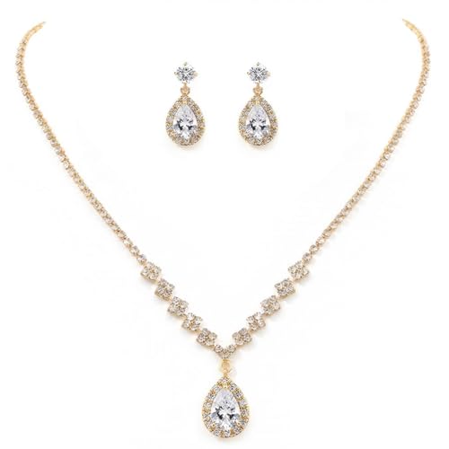 Unicra Bride Crystal Necklace Earrings Set Bridal Wedding Jewelry Sets Rhinestone Choker Necklace Prom Costume Jewelry Set for Women and Brides - color: Gold