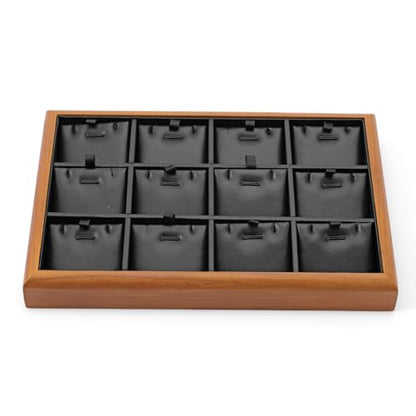 Solid Wood 12 Grid Stackable Jewelry Necklace Pendant Display Tray | Sturdy solid wood & scratch-proof PU leather lining, 12-grid tray with inserts for home drawer & retail necklace display - color: Black, size: Necklace Tray