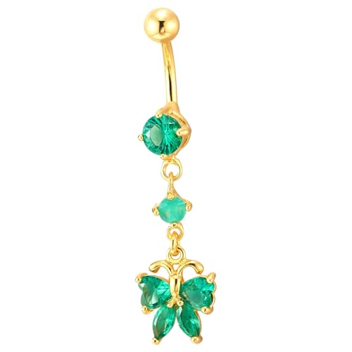 COOLSTEELANDBEYOND Gold Butterfly Belly Button Ring with Green Crystal Dangle Delicate Navel Piercing Body Jewelry