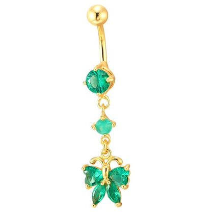 COOLSTEELANDBEYOND Gold Butterfly Belly Button Ring with Green Crystal Dangle Delicate Navel Piercing Body Jewelry